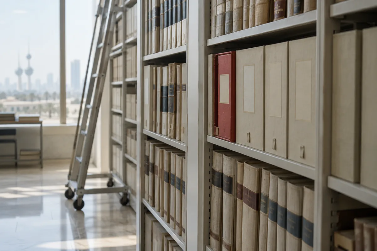 An archive shelf of bound registers and beige boxes with one red archive box and a library ladder