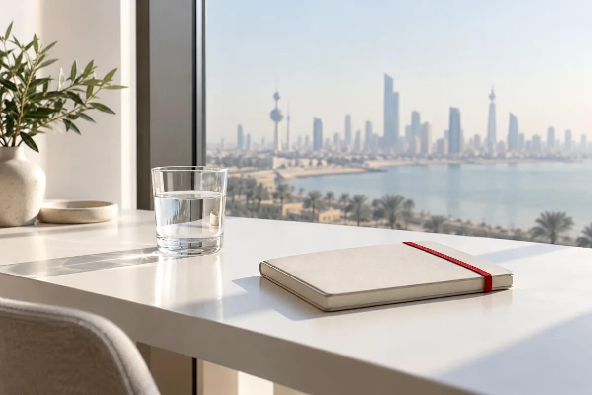 An empty white desk by a tall window in morning light with a closed notebook and a glass of water