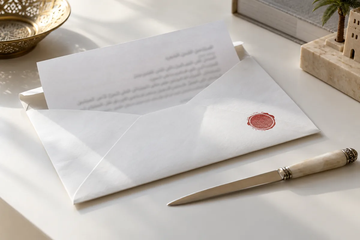 An opened official envelope with its letter half drawn out, a red date stamp mark and a letter opener