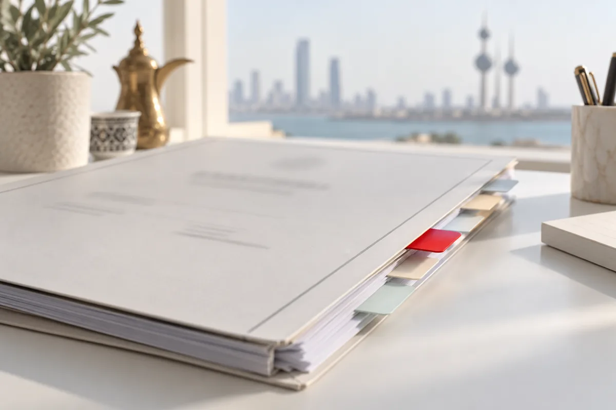 A commercial-licence folder on a white desk with coloured renewal tabs, one of them red