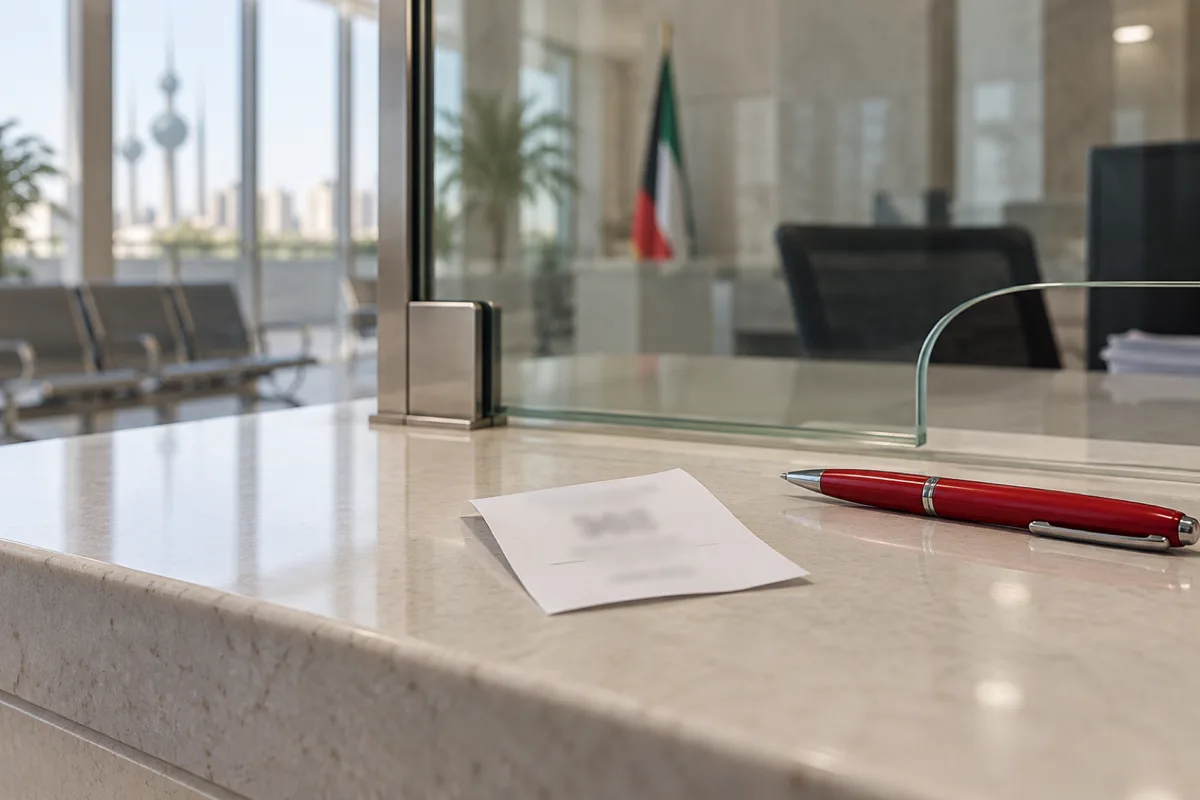 A paper queue ticket on a pale service counter with a red pen beside it