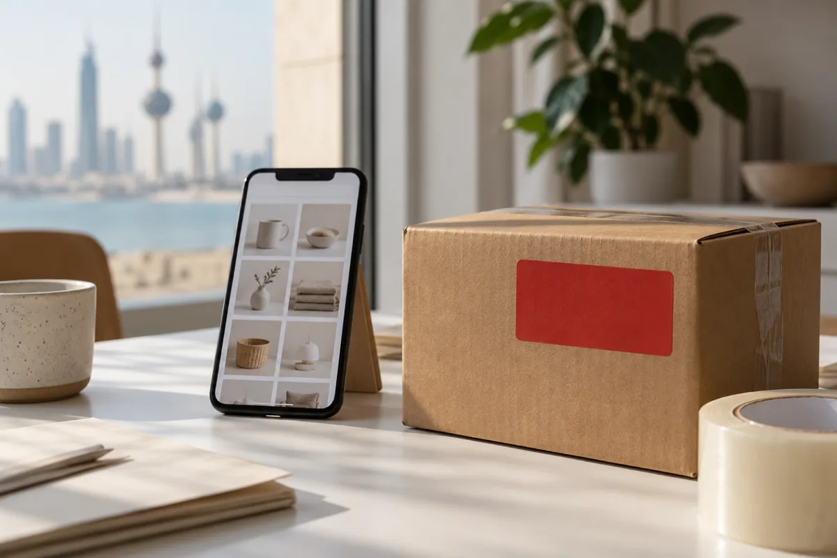 A phone showing a blurred grid of product photos beside a packed parcel with a red shipping label